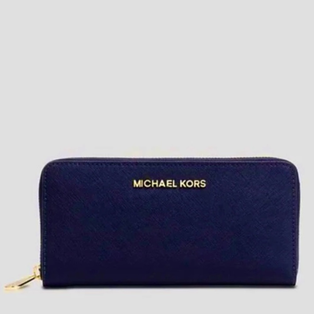 Michael Kors Jet Set Zip Around Navy Blue Gold Continental Wallet
